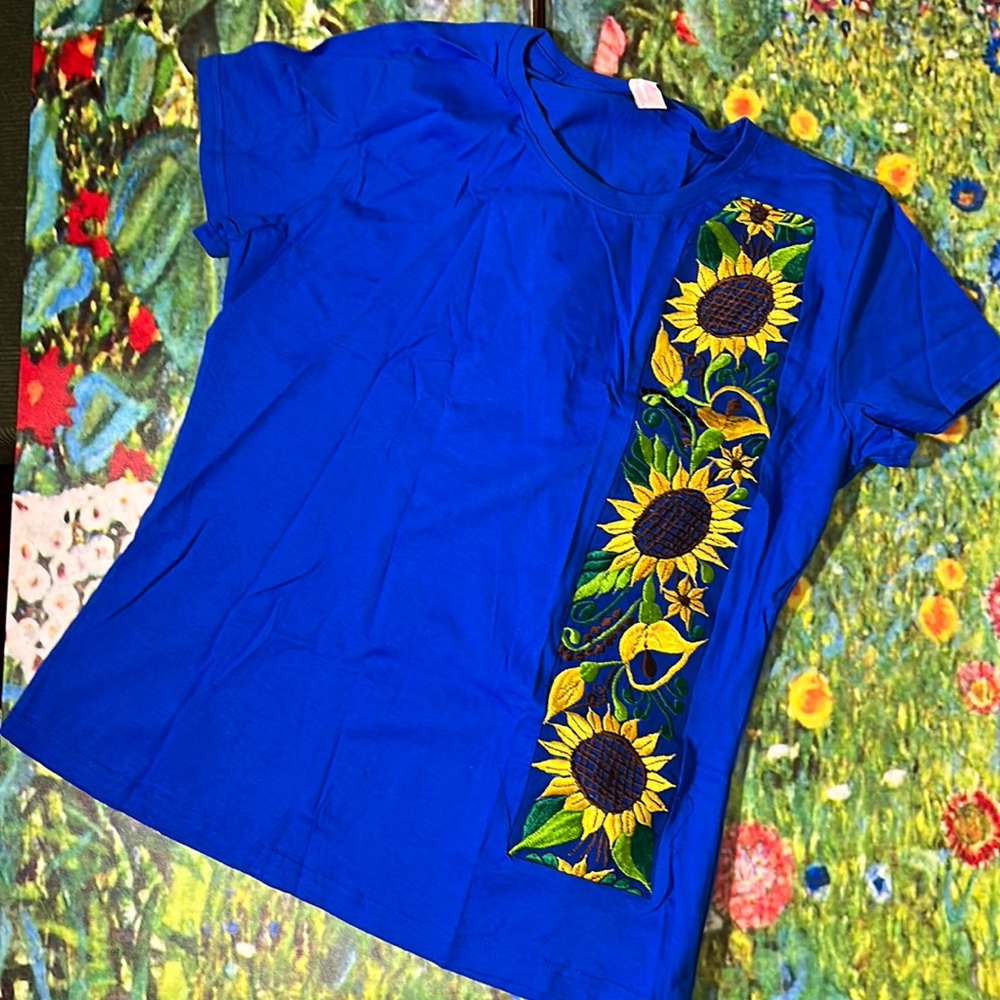 Sunflower embroidered blue shirt
